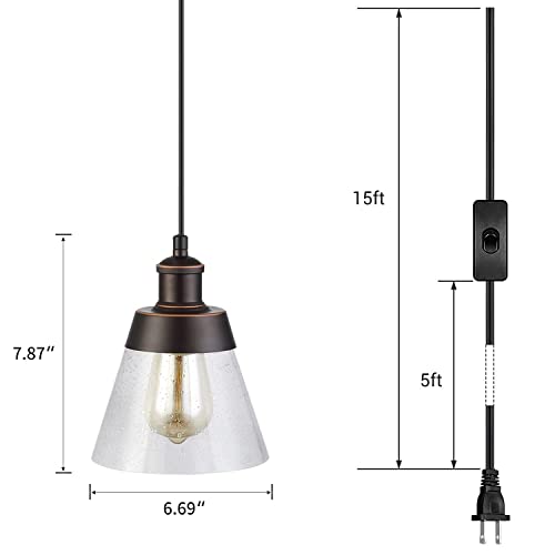 Rustic Glass Pendant Light with Handblown Clear Seeded Glass Shade, One-Light Adjustable Industrial Cone Mini Pendant Lighting Fixture for Kitchen Island Cafe Bar Farmhouse, Oil Rubbed Bronze