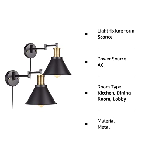 Swing Arm Wall Lamp Plug-in Cord Industrial Wall Sconce, Bronze and Black Finish,with On/Off Switch, E26 Base,1-Light Bedroom Wall Lights Fixtures,Bedside Reading Lamp