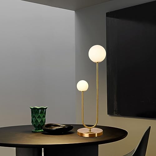 Mid Century Gold Globe Table Lamp Modern U-Shape 2-Light Desk Table Light with Milk White Glass Shade Metal Base Nightstand Lamp for Bedroom Bedside,G9 Bulb