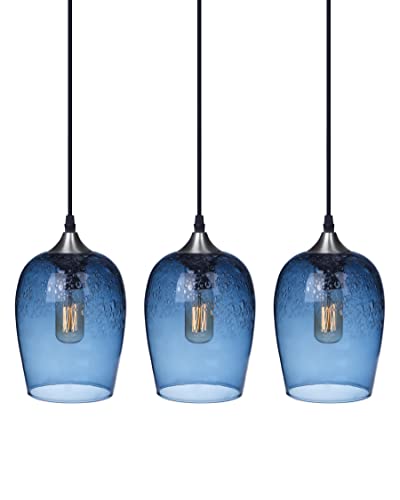 Glass Pendant Lights Kitchen Island Blue Modern Light Fixtures Ceiling Hanging Hand Crafted Art Bubble Teardrop Over Dining Room Table Bathroom 3 Pack 7 Inch H 5.5 Inch Diam