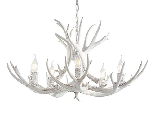 30" Adjustable Resin Antler 5-Light LED Chandelier, Glam, Rustic,Cottage,Transitional, Dimmable Dining Room, Living Room, Kitchen, Foyer, Bedroom, White