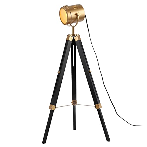 Tripod Floor Lamp, Height Adjustable Wooden Camera Tripod Rotatable Spotlight Tall Standing Light, Nostalgic Cinema Lamps for Living Room, Bedroom, Studios Decor(Black)