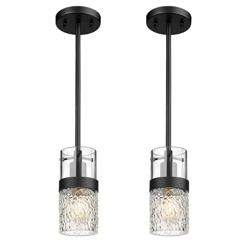 LMS 4-Light Island Lights, Farmhouse Light Fixtures with Hammered Glass Shade, Matte Black Linear Chandelier Pendant Lighting Over Table for Adjustable Height, Kitchen Island, LMS-171BK-4