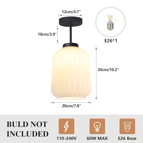 Semi Flush Mount Ceiling Light Mid Century Interior Ceiling Light with White Striation Glass Shade Gold Ceiling Light Fixture for Hallway Corridor Kitchen Bathroom