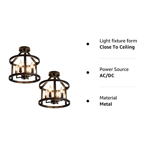 Metal Semi Flush Mount Ceiling Light Fixture 4 Candle Holder Matte Chandelier Farmhouse Ceiling Lamp for Dining Room Bedroom Kitchen Hallway Entryway（Black）