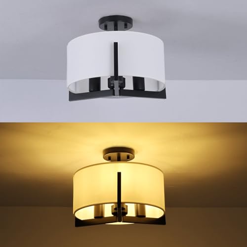 14inch Semi Flush Mount Ceiling Light: 3-Light Black Modern Light Fixtures Ceiling Mount with Drum Fabric Shade, Close to Ceiling Lighting for Bedroom, Kitchen, Entryway, Foyer(Bulb Exclude)