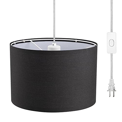 Plug in Pendant Light, Hanging Light with 15Ft Clear Cord, On/Off Switch, Beige Linen Shade, Hanging Light Fixture for Bedroom, Kitchen, Living Room, Dining Table