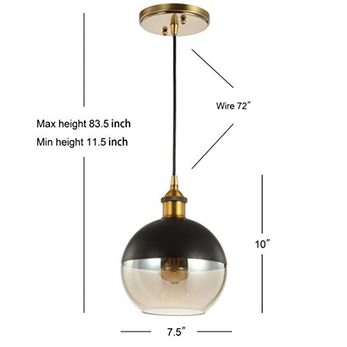 7.5" Adjustable Drop Globe Metal/Glass LED Pendant Contemporary Transitional Dimmable Dining Room Living Room Kitchen Foyer Bedroom Hallway, Brass Gold/Black