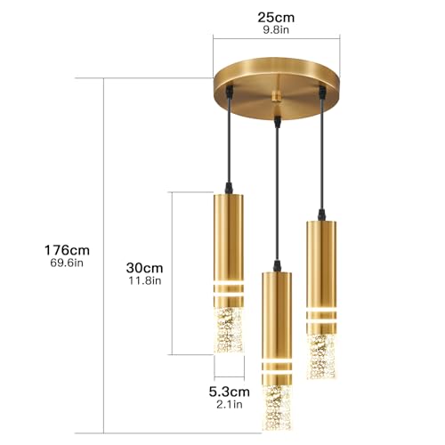 3-Light Hanging Pendant Light Fixtures, Modern Kitchen Island Light Fixture, 36W LED Pendant Lighting Dimmable Hanging Chandelier for Dining Room Bedroom Hallway, Gold Metal Pendant Lamp