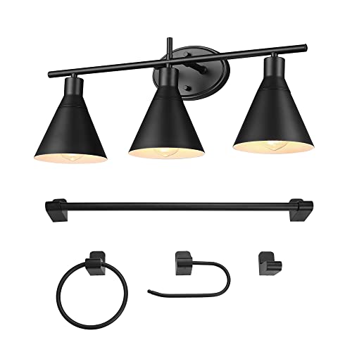 Globe Electric 51710 Bathroom Accessory Set, Matte Black, 3-Light Vanity Light, Towel Bar, Towel Ring, Robe Hook, Toilet Paper Holder, Bathroom Lights Over Mirror, Home Décor, Brooklyn, 5-Piece