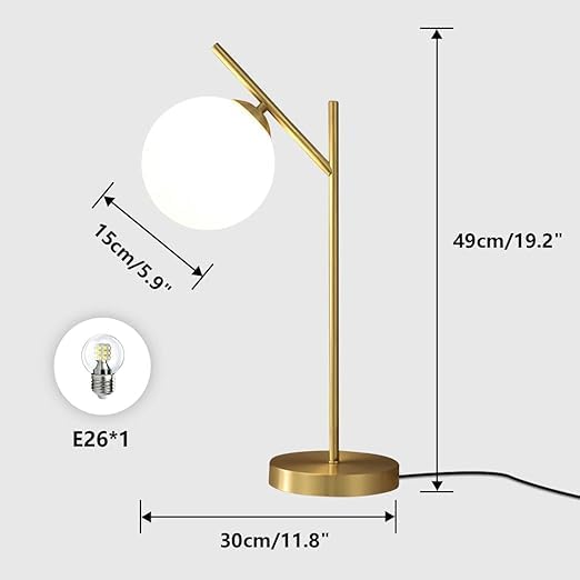 Globe Table Lamp 1 Light Brass Glass Globe Table Lamp Contemporary Metal Table Lamp Bedside Table lamp with Milky White Glass lampshade Bedroom Living Room Study Room(H19.2)