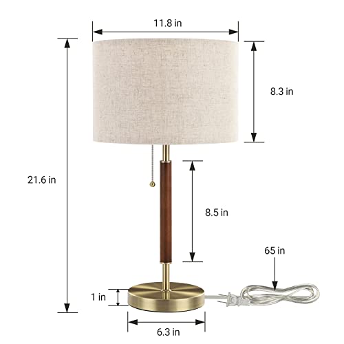 Mid Century Table Lamp, Bedside Lamp with Pull Chain Switch, Solid Wood & Metal Pole, Modern Nightstand Table Lamp for Living Room, Bedroom, Office, Frosted Bronze & Wood Finish