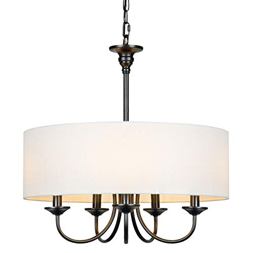 Traditional 5-Light Chandelier Modern White Drum Chandeliers with Linen Shade for Dining Room Living Room Foyer, 20" Dia