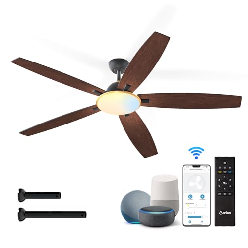 Ceiling Fans with Lights, 52 inch Smart Ceiling Fan with Remote/APP/Alexa Control, Reversible DC Motor, 5 Blades, 6 Speeds, 3CCT, Dimmable, Noiseless, Wifi Ceiling Fan for Bedroom, Farmhouse