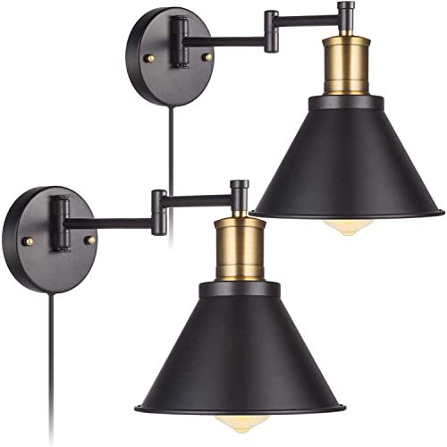 Swing Arm Wall Lamp Plug-in Cord Industrial Wall Sconce, Bronze and Black Finish,with On/Off Switch, E26 Base,1-Light Bedroom Wall Lights Fixtures,Bedside Reading Lamp