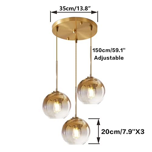 KCO Lighting 3 Light Globe Cluster Pendant Light Modern Glass Cluster Chandelier Gold Glass Pendant Light Fixture Mid Century Dining Room Chandelier Multi Pendant Light Fixture