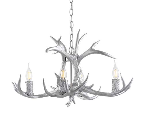 30" Adjustable Resin Antler 5-Light LED Chandelier, Glam, Rustic,Cottage,Transitional, Dimmable Dining Room, Living Room, Kitchen, Foyer, Bedroom, White