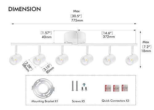 40W 6-Head LED Dimmable Track Light Kit,3000K/4000K/5000K Selectable 3000lm CRI90,Flexibly Rotatable Light Head for Accent Decorative Lighting,White