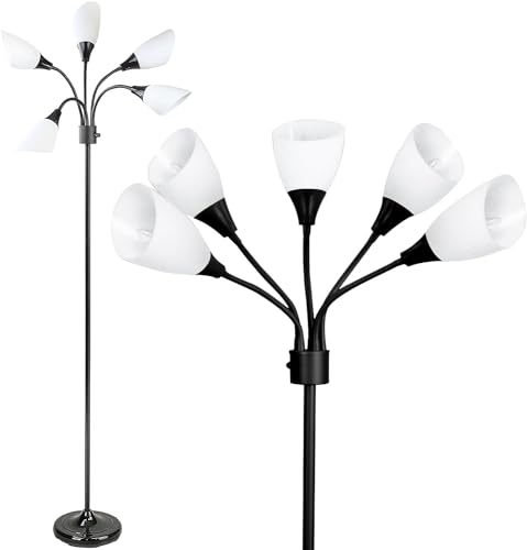 Modern Multi-Head Medusa Floor Lamp - 5 Light Standing Lamp for Bedroom and Living Room with Positionable Acrylic White Shades & 3-Light Mode Switch - Tall Black Floor Lamp for Living Room Decor