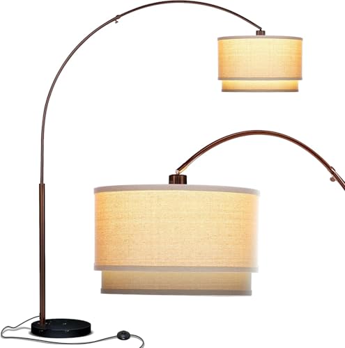 Modern Corner Standing Lamp with Unique Hanging Drum Lamp Shade for Living Room - Bright Overhead, Curved Hanging Light for Bedroom. Library, Den - Bronze