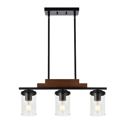 Rustic Chandelier 3 Lights Black Pendant Lighting Linear Kitchen Island Hanging Light Fixture Farmhouse Wood Pendant Ceiling Light Fixture with Clear Glass Shade for Dining Room Pool Table