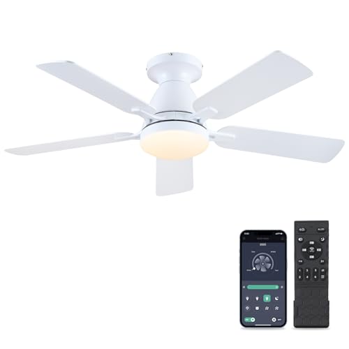 Ceiling Fans with Lights- 46"Low Profile Indoor Ceiling Fan with Light and Remote/APP Control, Flush Mount, LED Dimmable DC Reversible Modern Ceiling Fan for Bedroom（Black）