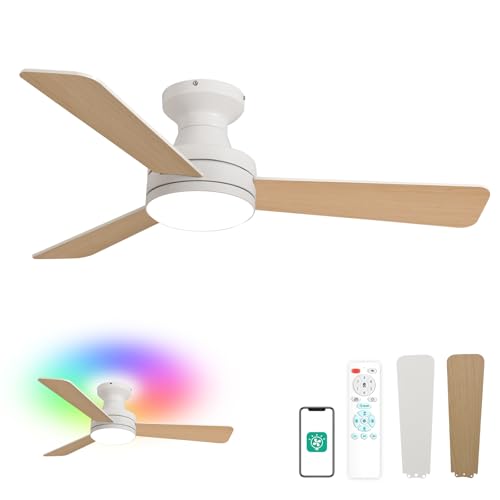 Orison Ceiling Fans with Lights, 42 inch Low Profile Ceiling Fan with RGB Backlight, Flush Mount Ceiling Fan with Remote and App Control, Black Ceiling Fan for Bedroom, 6 Speeds, 3 Reversible Blades