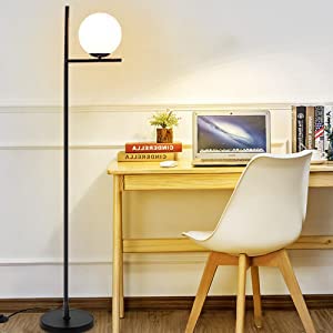 Modern LED Sphere Floor Lamp-9W Frosted Glass Globe Standing Lamps for bedroom, Energy Saving Mid Century Tall Pole Standing Accent lighting for Living Room, Office, Bedroom, Black