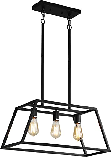 Black Kitchen Island Lighting, 3-Light Farmhouse Chandeliers, Modern Industrial Linear Rectangle Pendant Light Fixtures for Dining Room Kitchen Bar Foyer(Metal, E26 Base)