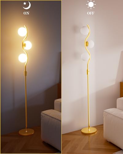 Dimmable Globe Floor Lamp, Gold Standing Lamps with 4PCS 3000K G9 Bulbs Soft Warm White Eye Care, Mid Century Modern Floor Lamp for Living Room