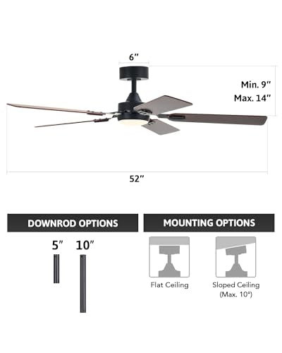 Ceiling Fans with Lights and Remote, 52" Ceiling Fan with 5 Blades, 6-Speeds Noiseless Reversible DC Motor for Farmhouse Bedroom Indoor, Black