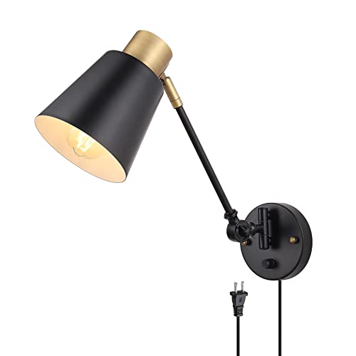 Dimmable Wall Lamp with Plug in Cord, ENCOMLI Plug in Wall Sconces Set of Two, Swing Arm Sconces Wall Lighting with On Off Switch, Metal Black Brass Industrial Wall Sconce Plug in Wall Light, E26 Base