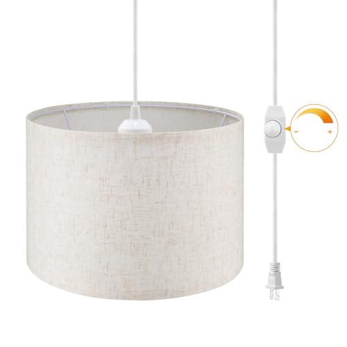 Plug in Pendant Light,15 FT Hanging Lamp with Plug in Cord, Dimmable Switch, Pendant Lighting with Fabric Shade, Hanging Light Fixture for Living Room, Bedroom, Dining Room, Kitchen