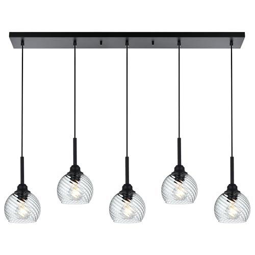 3 Light Island Lights for Kitchen with Striped Swirl Globe Glass, Black Linear Hanging Pendant Light Fixture Farmhouse Chandelier for Dining Room Bar Living Room