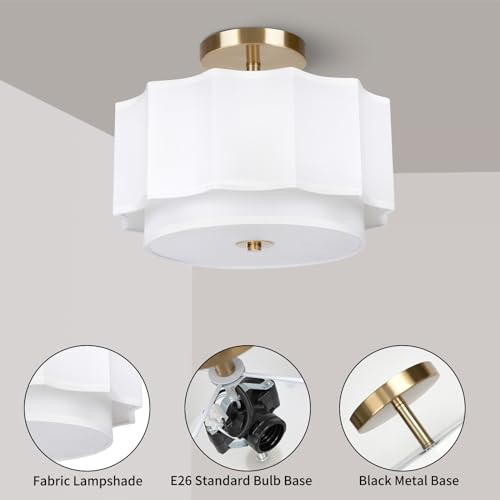 Modern Semi Flush Mount Ceiling Light - Easric Light Fixtures Ceiling Mount Hallway Light Fixtures Ceiling with Black 2-Layer Fabric Shade Drum Ceiling Lights for Bedroom,Dining Room,Kitchen,Foyer