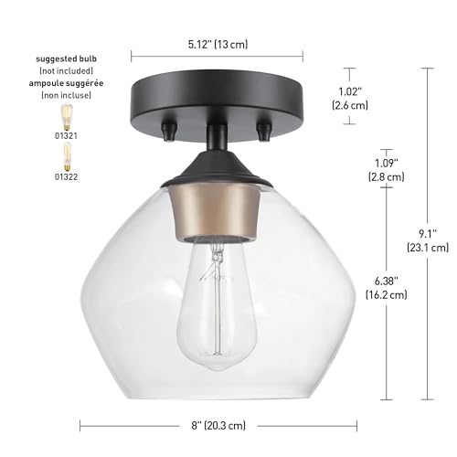 1-Light Semi-Flush Mount Ceiling Lighting, Matte Brass, Clear Glass Shade, Bulb Not Included