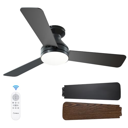 Ceiling Fans with Lights, 42 inch Low Profile Ceiling Fan with Light and Remote Control, Flush Mount, Reversible, 3CCT, Dimmable, Noiseless, Black Ceiling Fan for Bedroom, Indoor/Outdoor Use