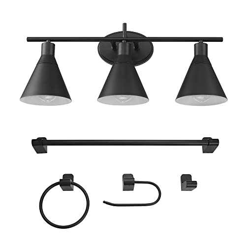 Globe Electric 51710 Bathroom Accessory Set, Matte Black, 3-Light Vanity Light, Towel Bar, Towel Ring, Robe Hook, Toilet Paper Holder, Bathroom Lights Over Mirror, Home Décor, Brooklyn, 5-Piece