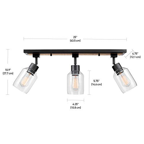 3-Light Track Lighting, Wood Toned, Matte Black Accents, Clear Glass Shades, Kitchen, Bathroom, Home Essentials, Ceiling Light, Dorm, Dining Room, Hallway