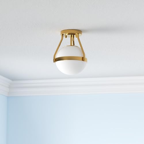 Lakumu Globe Semi Flush Mount Ceiling Light, Mid Century Ceiling Lamp with Milky White Glass Shade, Industrial Brushed Gold Ceiling Light for Living Room Hallway Kitchen Island Dining Room(Bulb Incl.)