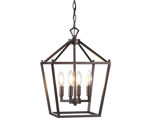 Lantern Dimmable Adjustable Metal LED Pendant Classic Traditional Farmhouse Dining Room Living Room Kitchen Foyer Bedroom Hallway, 10 in, Antique Gold