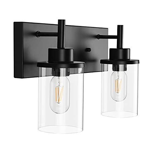 Bathroom Vanity Light Fixtures, 2 Light Wall Sconce Black Vintage Industrial Farmhouse Sconces Wall Lighting with Clear Glass Shade for Bathroom Bedroom Living Room