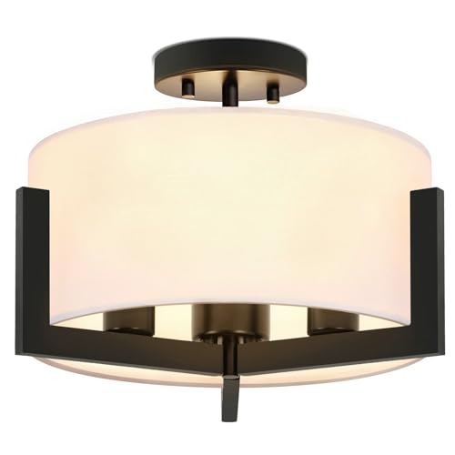 14inch Semi Flush Mount Ceiling Light: 3-Light Black Modern Light Fixtures Ceiling Mount with Drum Fabric Shade, Close to Ceiling Lighting for Bedroom, Kitchen, Entryway, Foyer(Bulb Exclude)