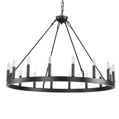 Wheel Chandelier 40-inch, 20-Light Black Farmhouse Style Wagon Wheel Chandelier Industrial Round Ceiling Light for High Ceilings Living Room Dining Room Foyer Entryway Outdoor Porch