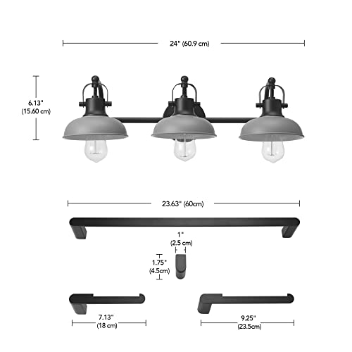 Globe Electric 51710 Bathroom Accessory Set, Matte Black, 3-Light Vanity Light, Towel Bar, Towel Ring, Robe Hook, Toilet Paper Holder, Bathroom Lights Over Mirror, Home Décor, Brooklyn, 5-Piece