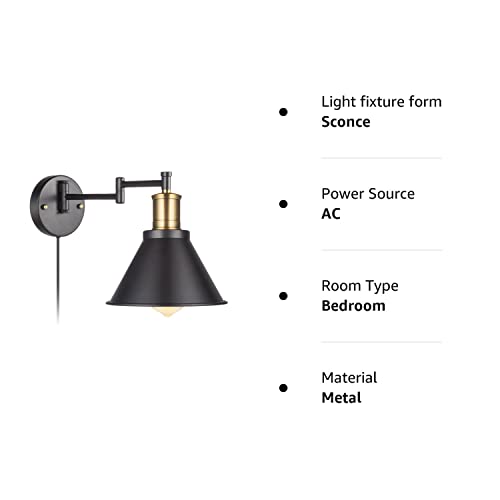 Swing Arm Wall Lamp Plug-in Cord Industrial Wall Sconce, Bronze and Black Finish,with On/Off Switch, E26 Base,1-Light Bedroom Wall Lights Fixtures,Bedside Reading Lamp