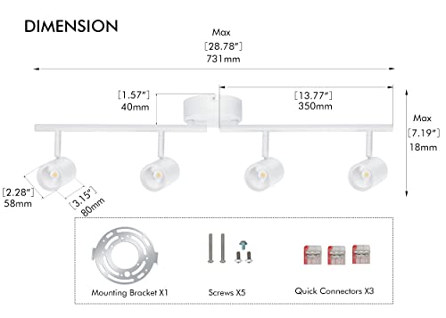 40W 6-Head LED Dimmable Track Light Kit,3000K/4000K/5000K Selectable 3000lm CRI90,Flexibly Rotatable Light Head for Accent Decorative Lighting,White