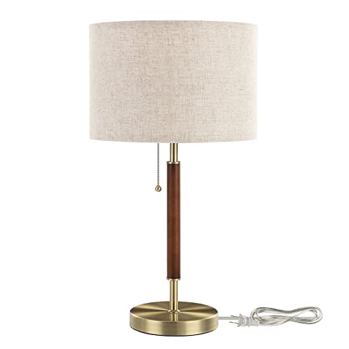 Mid Century Table Lamp, Bedside Lamp with Pull Chain Switch, Solid Wood & Metal Pole, Modern Nightstand Table Lamp for Living Room, Bedroom, Office, Frosted Bronze & Wood Finish