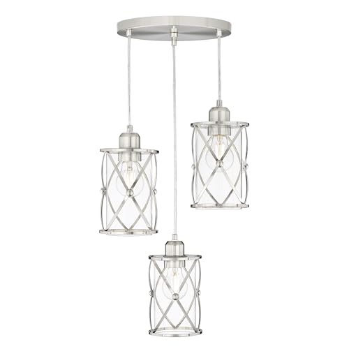 Brushed Gold Pendant Light Fixtures, 3-Light Modern Dining Room Cluster Pendant Light with Milky Glass, Mid Century Cage Hanging Pendant Lighting for Kitchen, Adjustable, CH9176BGW3