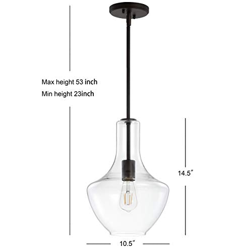 10.5" Glass/Metal LED Pendant Farmhouse Contemporary Dimmable Dining Room Living Room Kitchen Foyer Bedroom Hallway, Oil Rubbed Bronze/Clear